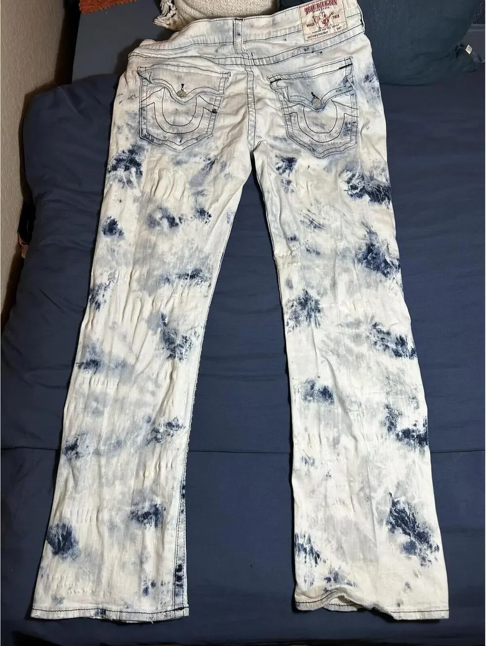 True Religion White and Blue Tie-Dye Straight Leg Jeans Size 40